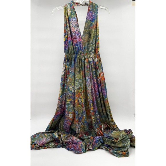 Vintage Jack Bryan Dress 8 Multicolor Floral Halter Maxi Chiffon Overlay 70s 60s - Picture 3 of 12